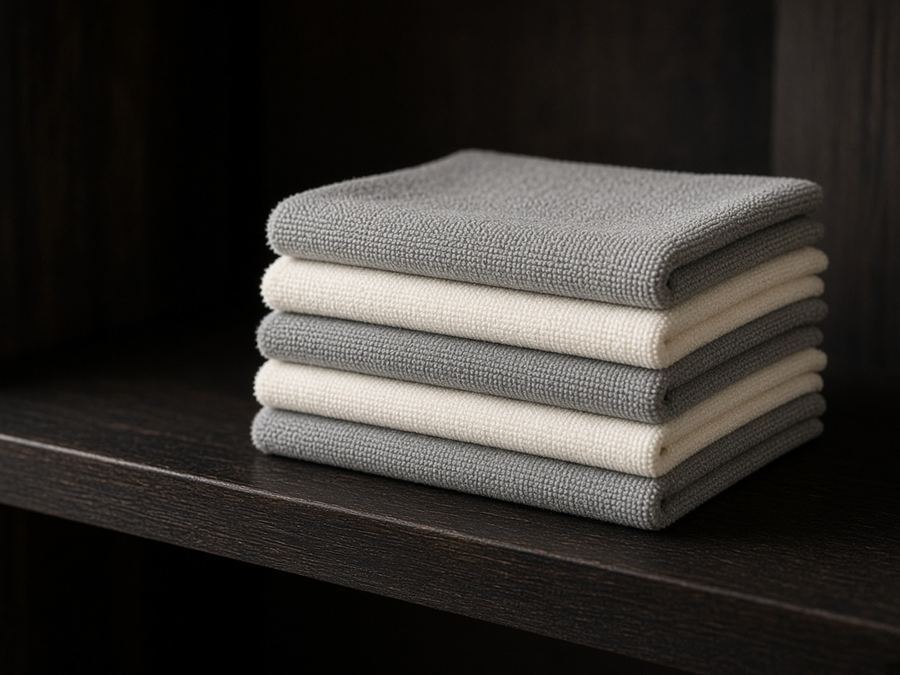 Stacked microfiber cloths for rinse passes.