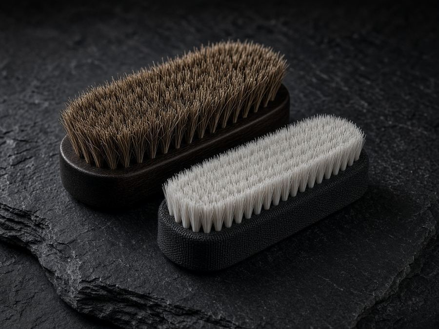 Horsehair and nylon brushes sized for mesh and leather.
