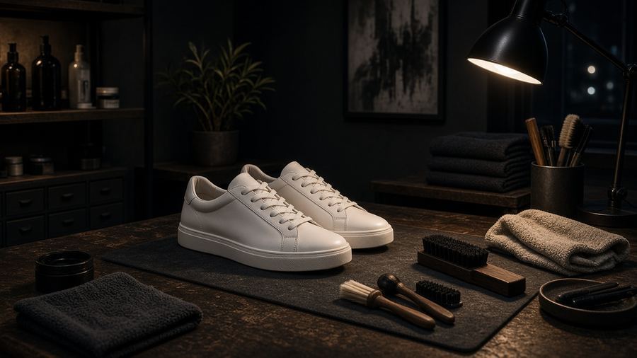 Foam, brush passes, and midsole brightening on a dark bench—each pair leaves lab