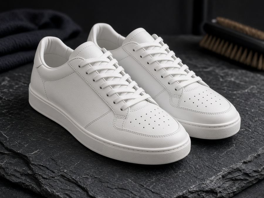 White leather pair after deep clean and midsole pass.