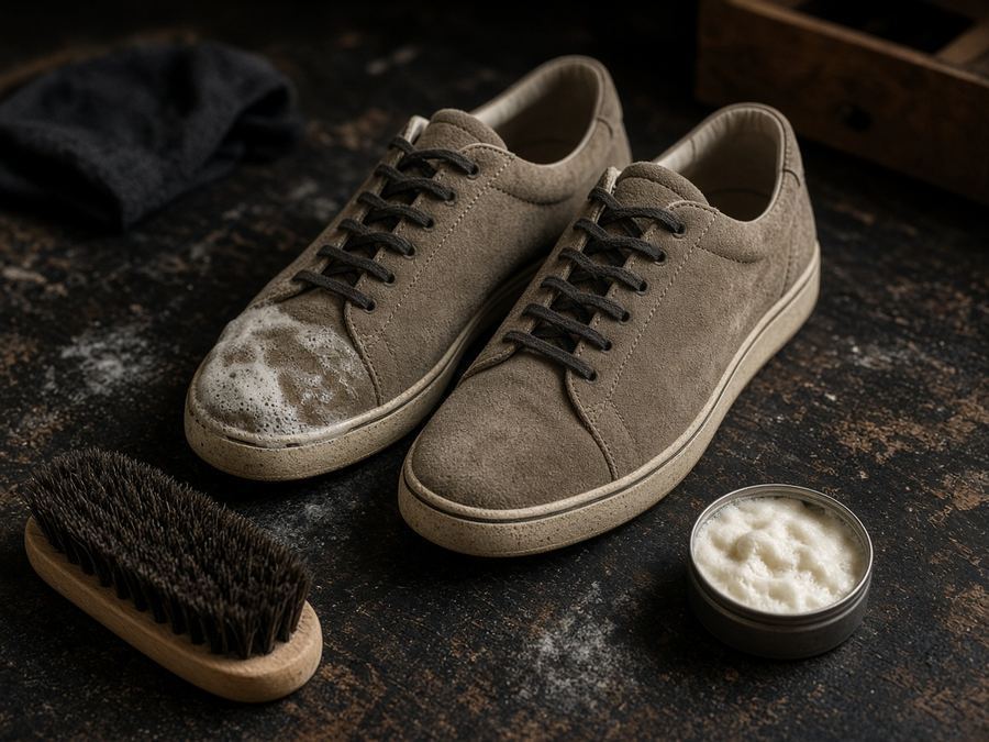 Muted suede restored with soft brush and nap reset.