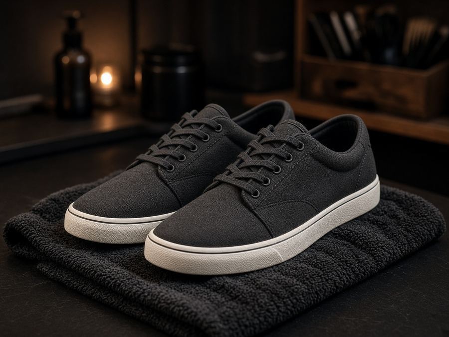 Dark canvas with refreshed white foxing and lace wash.